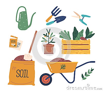 Set Of Isolated Gardening Items, Sack With Soil, Seeds, Wheelbarrow And Wooden Box With Ripe Vegetable Crop Vector Illustration