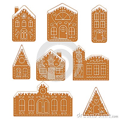 Set of isolated gingerbread houses. Traditional Christmas cookies. Vector flat illustration Vector Illustration