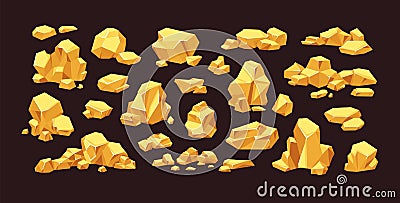 Set of isolated gold mine nuggets and rocks. Piles and heaps of golden gem stones. Solid jewels of natural shapes. Big Vector Illustration