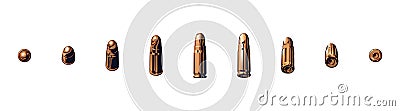 Set of isolated gold rotating cartridges with a bullet, 3d realistic cartoon, golden or brass on white background. Photorealistic Vector Illustration
