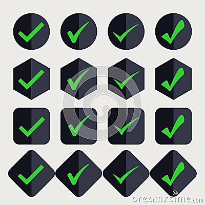 Set of isolated green checkmarks in a black button. Stock Photo