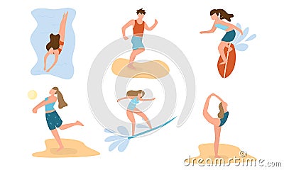 Boys and girls doing summer and water activities vector illustration Vector Illustration