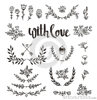 Set isolated hand drawn design elements with stylish lettering with love. Wedding, marriage, save the date, Valentine& Vector Illustration