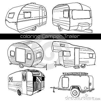 Set isolated Hand Drawn, doodle Camper trailer, car Recreation transport, Vehicles Camp Vans Caravans Lines Icons. Motor Vector Illustration