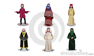 Muslim arabic people in long traditional clothing vector illustration Vector Illustration