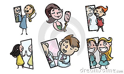 Positive people looking at mirrors at reflections vector illustration Vector Illustration