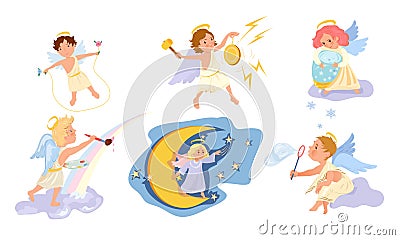 Boys and girls angels making mircles and playing vector illustration Vector Illustration