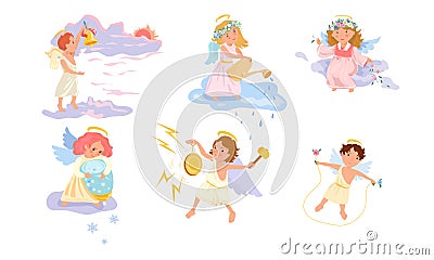 Boys and girls angels making mircles and playing vector illustration Vector Illustration