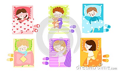 Happy boys and girls sleeping in beds vector illustration Vector Illustration