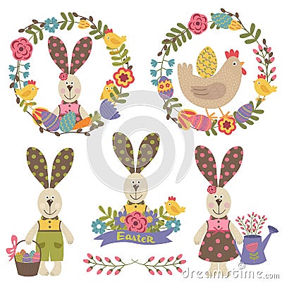 Set of isolated happy easter design elements Vector Illustration