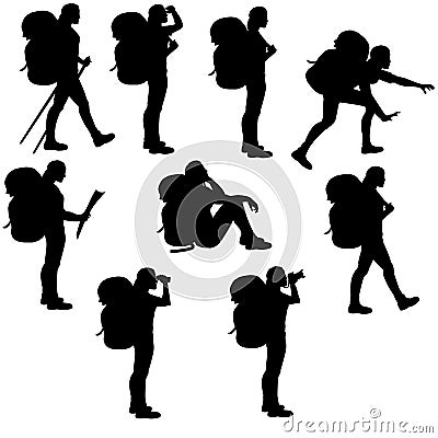 Set of isolated hiker girls silhouettes Vector Illustration