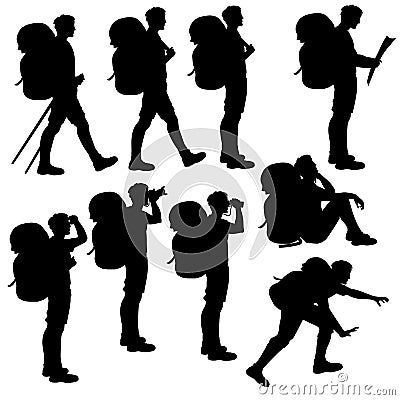 Set of isolated hiker silhouettes Vector Illustration