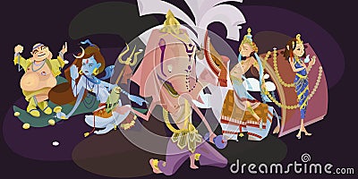 Set of isolated hindu gods meditation in yoga poses lotus and Goddess hinduism religion, traditional asian culture Vector Illustration