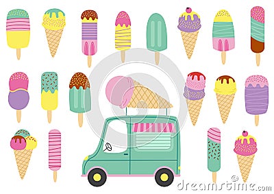 Set of isolated ice cream and truck Vector Illustration