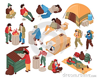 Homeless People Isometric Set Vector Illustration