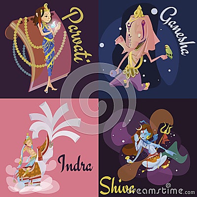 Set of isolated Indian Gods meditation in yoga poses lotus and Goddess hinduism religion, traditional asian culture Vector Illustration