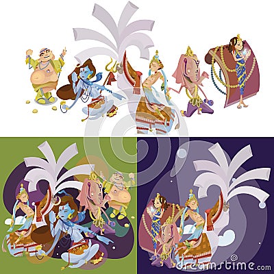 Set of isolated Indian Gods meditation in yoga poses lotus and Goddess hinduism religion, traditional asian culture Vector Illustration