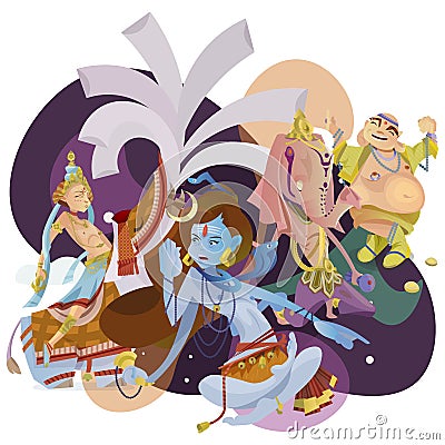 Set of isolated Indian Gods meditation in yoga poses lotus and Goddess hinduism religion, traditional asian culture Vector Illustration