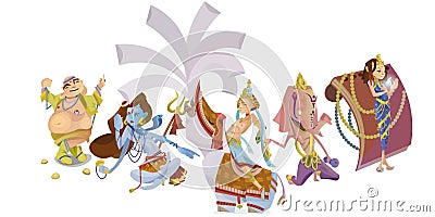 Set of isolated Indian Gods meditation in yoga poses lotus and Goddess hinduism religion, traditional asian culture Vector Illustration