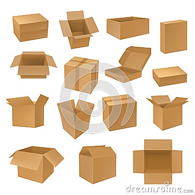 Set of isolated isometric 3d carton boxes. Vector Illustration