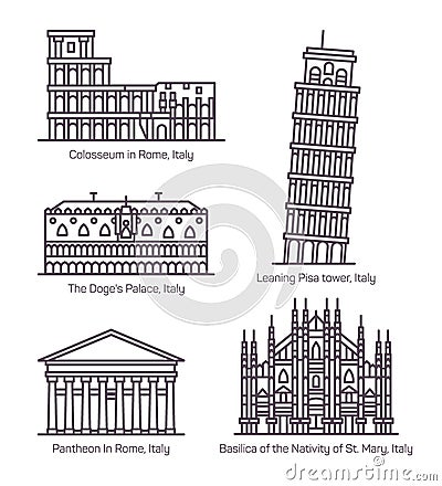 Set of isolated Italy monuments in thin line Vector Illustration