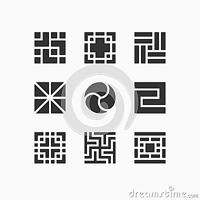Set of isolated Korean ethnic symbols, motifs and lattice patterns Vector Illustration