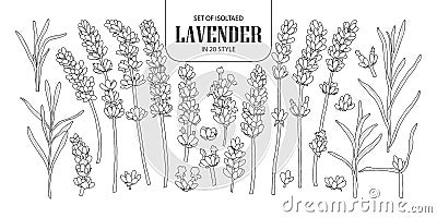 Set of isolated Lavender in 20 styles. Cute hand drawn flower vector illustration in black outline and white plane. Vector Illustration