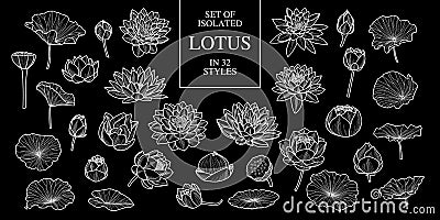 Set of isolated lotus in 32 styles. Cute hand drawn flower vector illustration only white outline. Vector Illustration