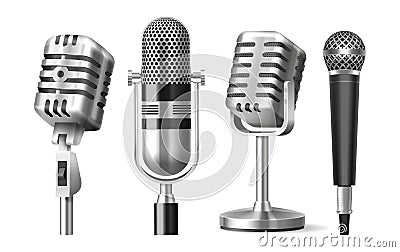 Set of isolated microphone on stand and mic Vector Illustration