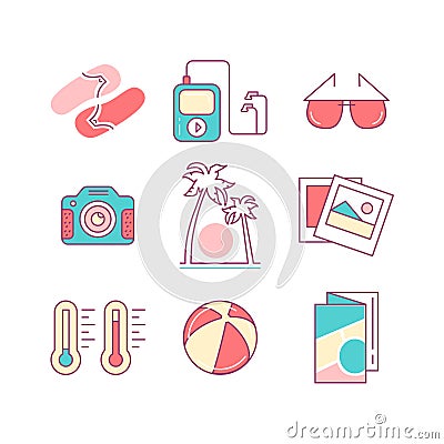 Set of Isolated Modern Minimalistic Simple Beach Thin Line Color Icons. Vector Illustration