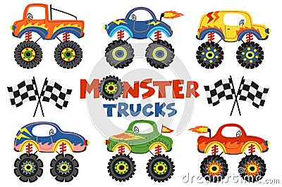 Set of isolated monster trucks Vector Illustration