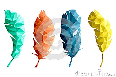 Set of isolated multicolored feathers in low poly graphics on white background Vector Illustration