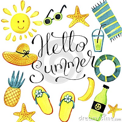 A set of isolated objects of summer theme watercolor. Stock Photo