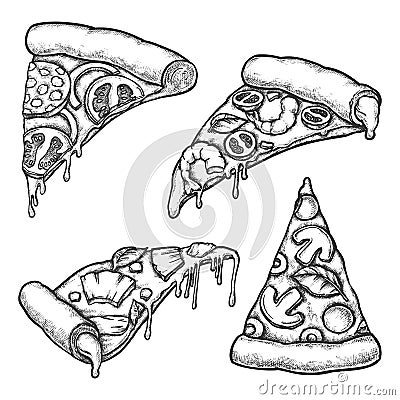 Set of isolated pizza slice sketch. Pizzeria Vector Illustration