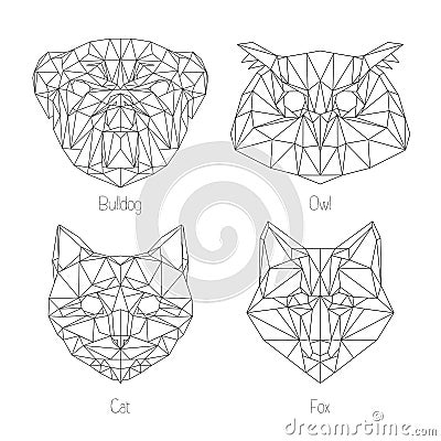 Set of isolated poligonal geometric triangle animal faces. Vector Illustration