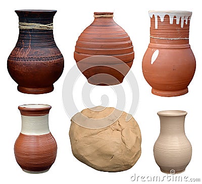 Set isolated pots pottery handmade in Ukrainian folk style and p Stock Photo