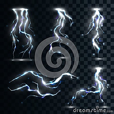 Set isolated realistic lightnings with transparency for design Vector Illustration