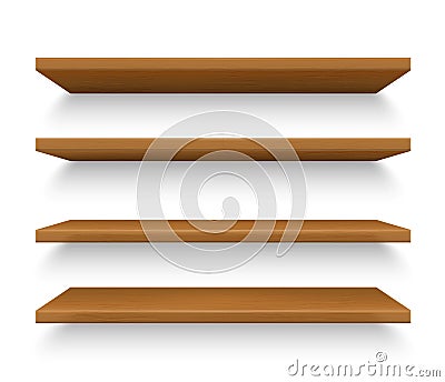 Set of isolated realistic wooden shelves on wall Vector Illustration