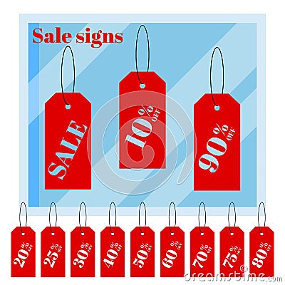 Set of isolated red iscount price labels tags on white background with cartoon flat shop window Vector Illustration