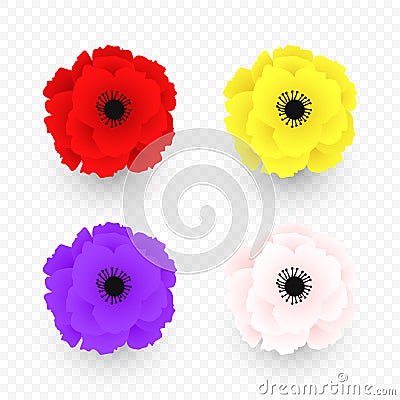 Set of Isolated Red, yellow, pink, purple poppy icon. Symbol of world war in modern style. Symbol of British remembrance day Vector Illustration