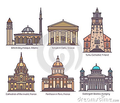 Set of religion, sanctuary buildings in color Vector Illustration