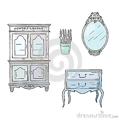 Set of isolated retro pieces of furniture. Vector Illustration