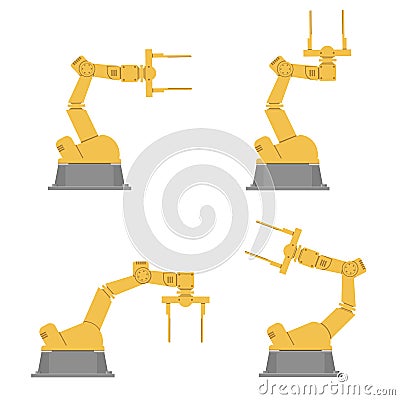 Set of isolated robotic hands. Assembly using robotic arms. Industrial technology and factory. Vector Illustration
