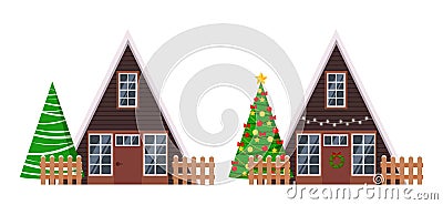 Set of isolated rural farm wood a-frame houses with fences decorated garland and wreath, spruces, christmas tree Vector Illustration