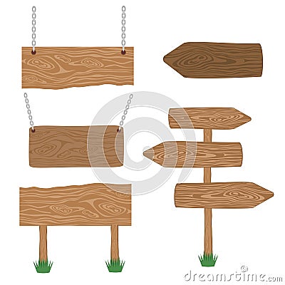 Set of isolated signs, wooden road sign Board wooden sign pointing to the arrow path. Vector Illustration