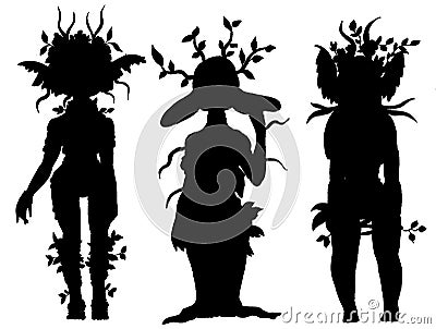 Set isolated silhouette fairytale characters, magic princesses pretty forest fairies Vector Illustration