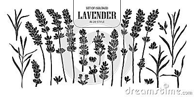 Set of isolated silhouette Lavender in 20 styles. Cute hand draw Vector Illustration