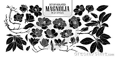 Set of isolated silhouette magnolia in 21 styles. Cute hand drawn flower vector illustration in white outline and black plane. Vector Illustration