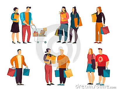 Set of isolated simple people with grocery Vector Illustration