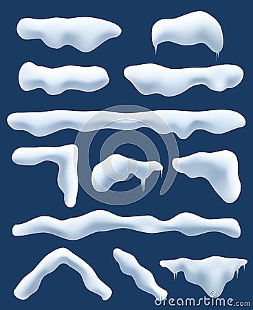 Set of Isolated snow cap. Snowy elements on dark background. Realistic vector image Vector Illustration
